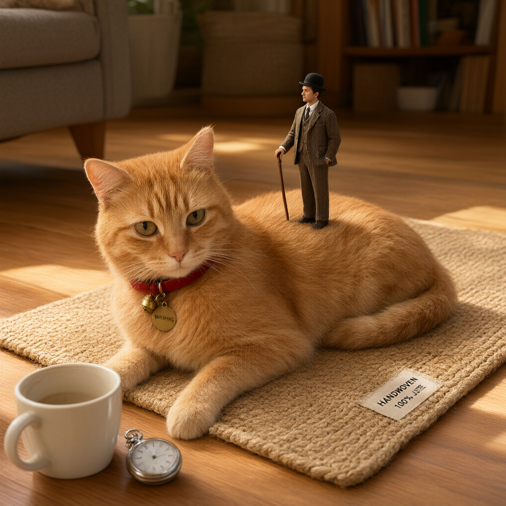 A tiny man in a hat on a cat on a mat